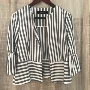 Zara Grey White Linen and Striped Blazer